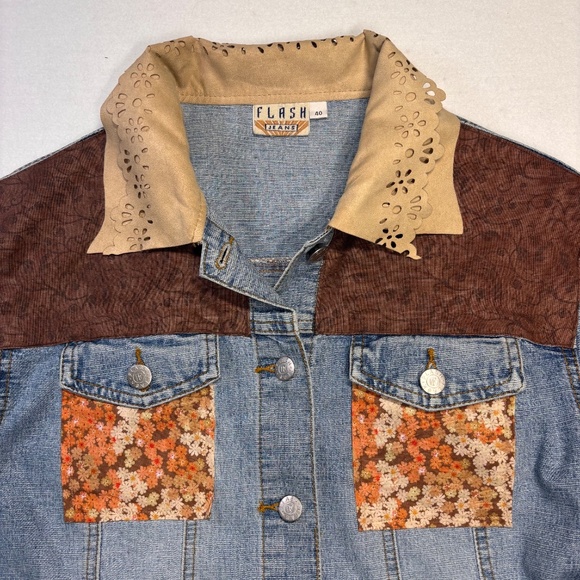 Denim Jacket Lightweight Brown Orange Floral Patchwork Tan Faux Suede Medium - Picture 6 of 11